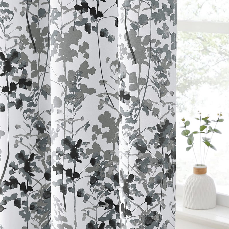 KGORGE Grey Curtains Blackout - Farmhouse Boho Window Treatmnet Privacy Watercolor Leaves Printed Curtains for Art Gallery Exhibition Living Room Kids Bedroom Office, W 52 x L 63 inch, 2 Panels - Image 1